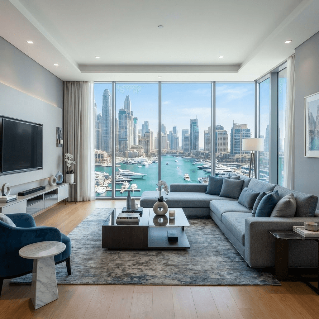 Living room with Dubai Marina view