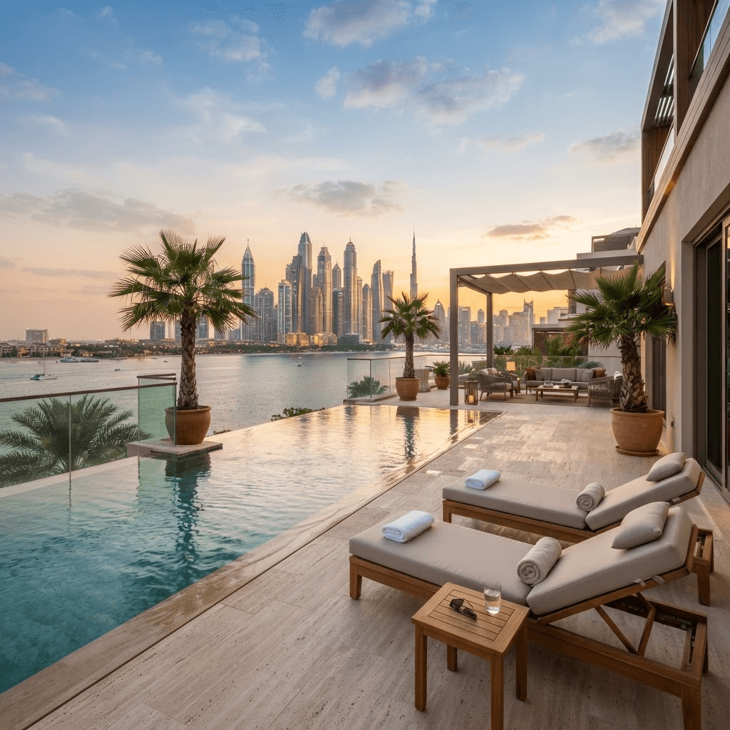 Private pool with a Dubai skyline view